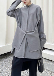 French Grey asymmetrical design  Long sleeve Spring Blouses - bagstylebliss
