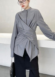 French Grey asymmetrical design  Long sleeve Spring Blouses - bagstylebliss