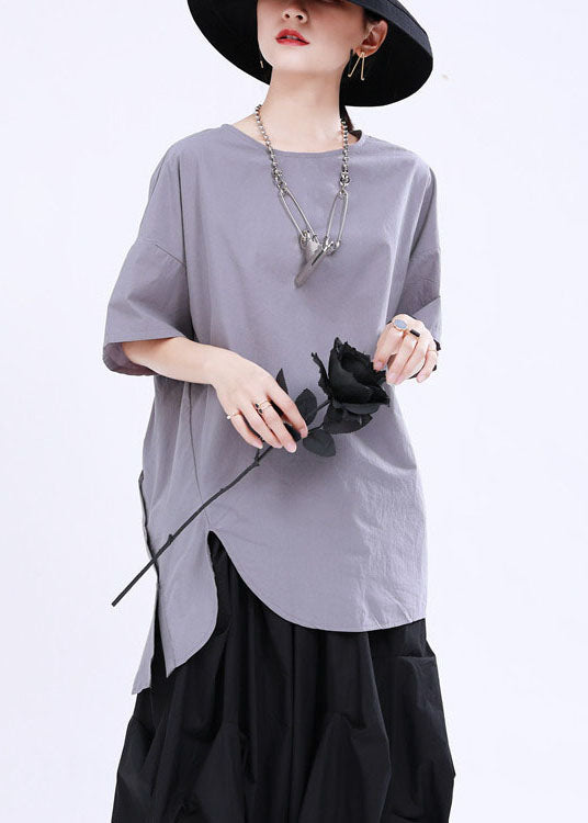 French Grey asymmetrical design Button Patchwork Fall Shirt Half Sleeve