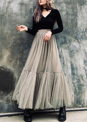 French Grey zippered Retro Mid Length Mesh Skirt - bagstylebliss