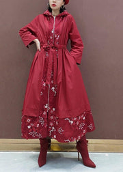French Hooded Fine Spring Clothes For Women Red Embroidery Art Coats - bagstylebliss