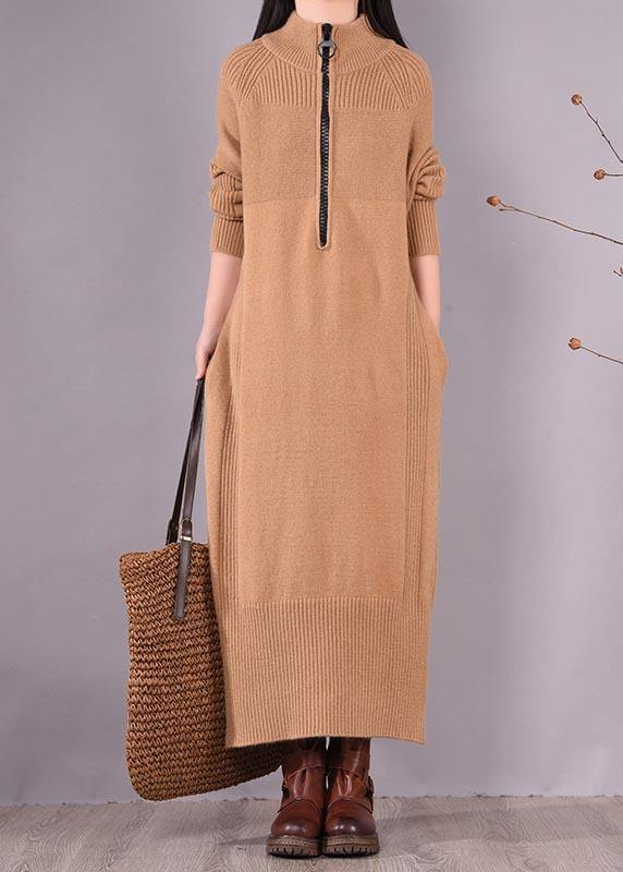 French Khaki Dress Zippered Pockets Dresses Spring Dress - bagstylebliss