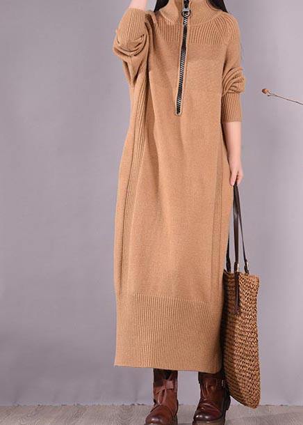 French Khaki Dress Zippered Pockets Dresses Spring Dress - bagstylebliss