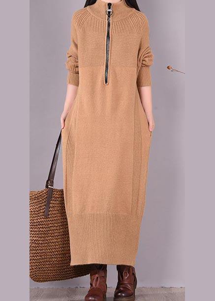 French Khaki Dress Zippered Pockets Dresses Spring Dress - bagstylebliss