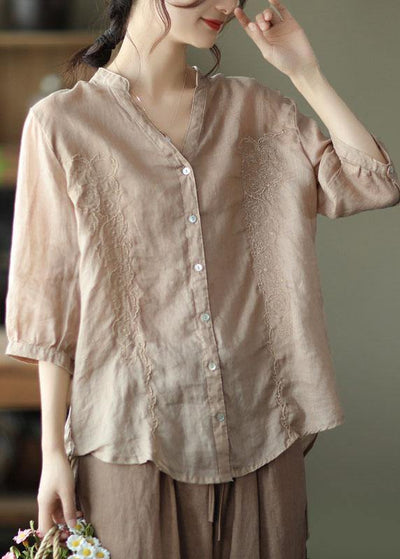 French Khaki Embroideried V Neck Ramie Blouse Top Summer - bagstylebliss
