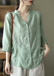 French Khaki Embroideried V Neck Ramie Blouse Top Summer - bagstylebliss
