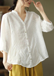 French Khaki Embroideried V Neck Ramie Blouse Top Summer - bagstylebliss