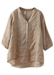 French Khaki Embroideried V Neck Ramie Blouse Top Summer - bagstylebliss