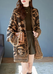 French Khaki Oversized Jacquard Knit Cardigans Winter