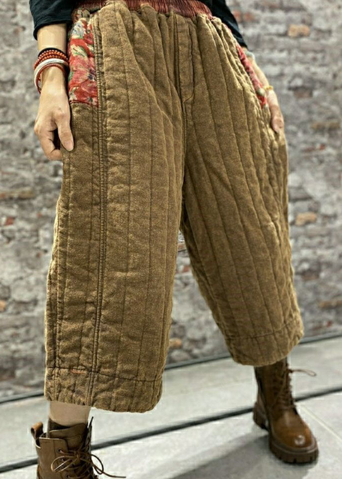 French Khaki Patchwork Fine Cotton Filled Pants Winter