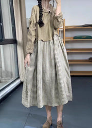 French Khaki Pockets Patchwork Linen Long Dresses Spring