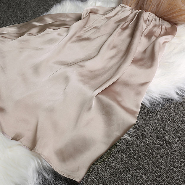 French Khaki Sequins tulle Elastic Waist Skirts Summer