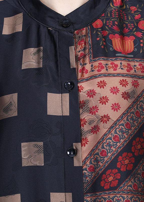 French Khaki Stand Collar Print retro Summer Chiffon Cardigan - bagstylebliss