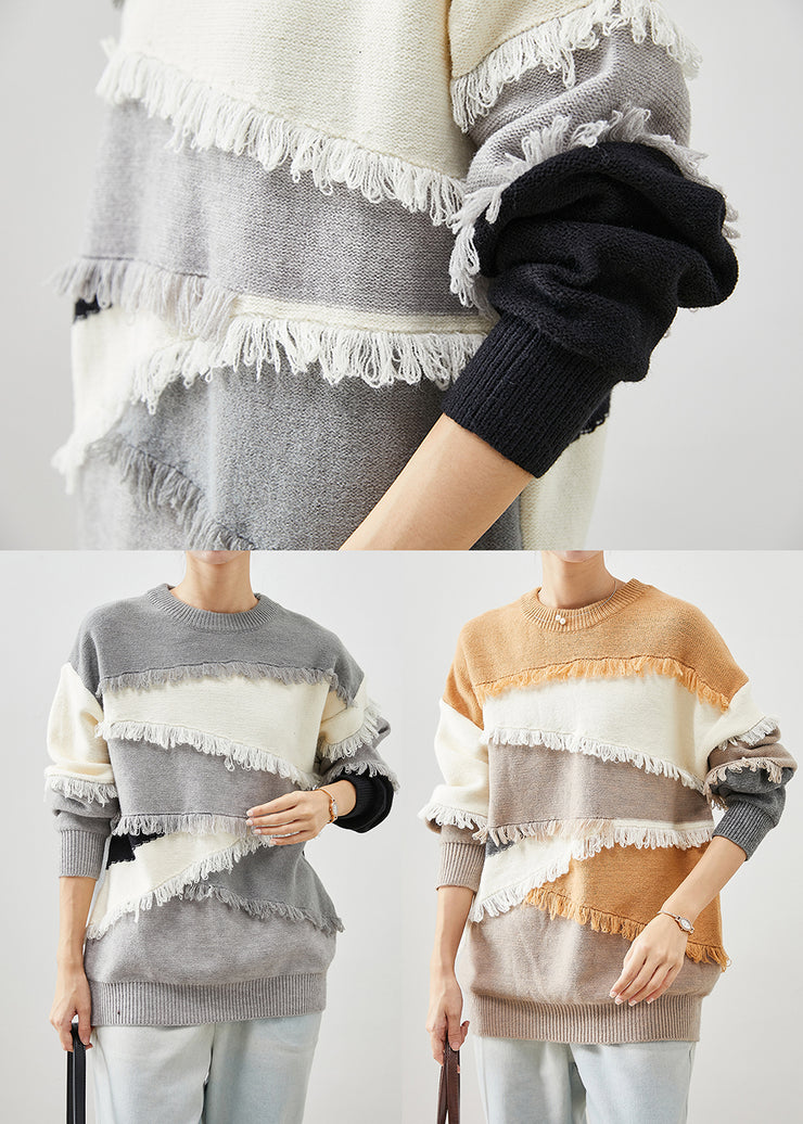 French Khaki Tasseled Patchwork Knit Short Sweater Winter