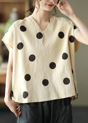 French Khaki V Neck Dot Summer Linen Shirt Top - bagstylebliss