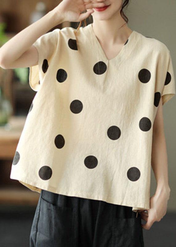 French Khaki V Neck Dot Summer Linen Shirt Top - bagstylebliss