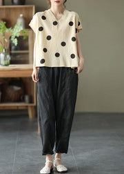 French Khaki V Neck Dot Summer Linen Shirt Top - bagstylebliss