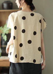 French Khaki V Neck Dot Summer Linen Shirt Top - bagstylebliss