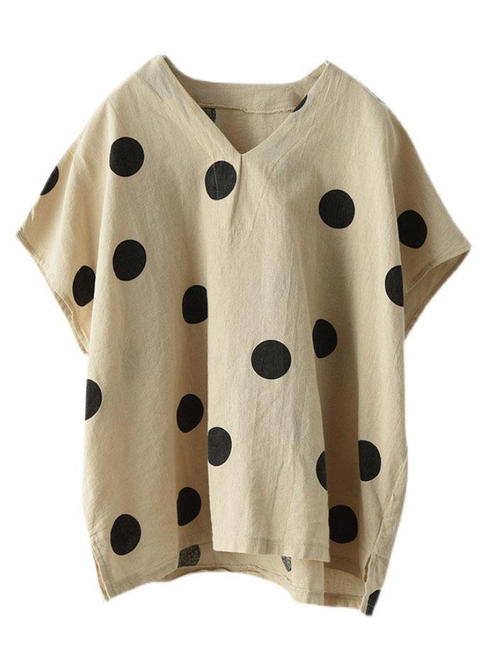 French Khaki V Neck Dot Summer Linen Shirt Top - bagstylebliss