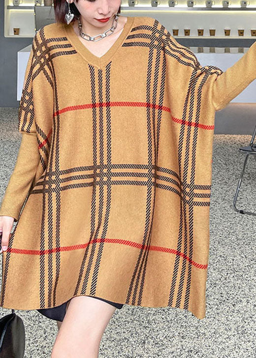 French Khaki V Neck Plaid Jacquard Loose Fall Sweater