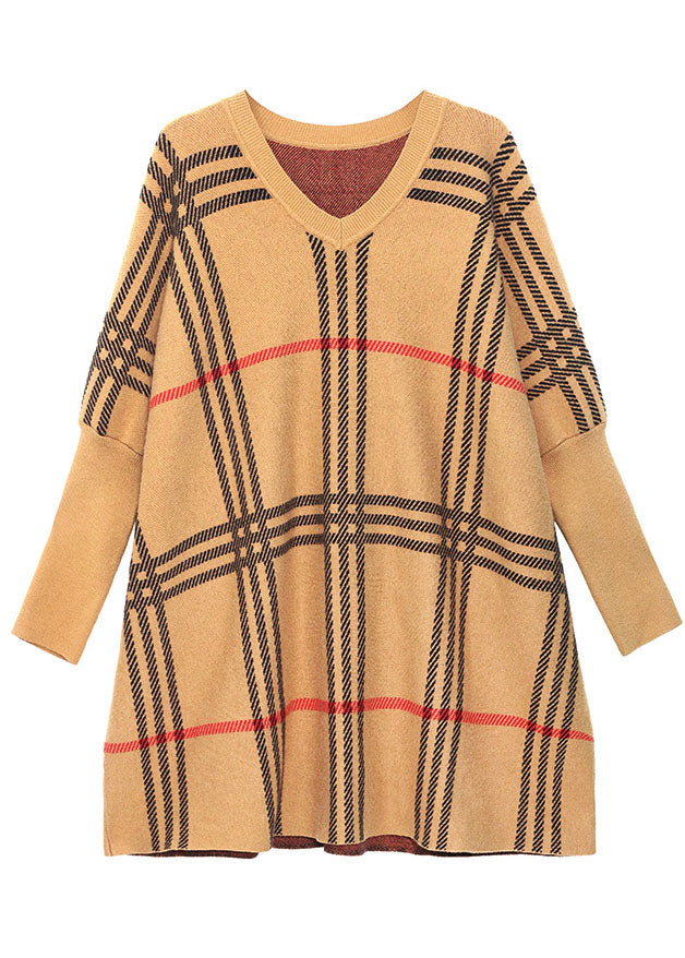 French Khaki V Neck Plaid Jacquard Loose Fall Sweater