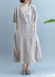 French Khaki linen Dress V Neck  Robe Summer  Dresses - bagstylebliss