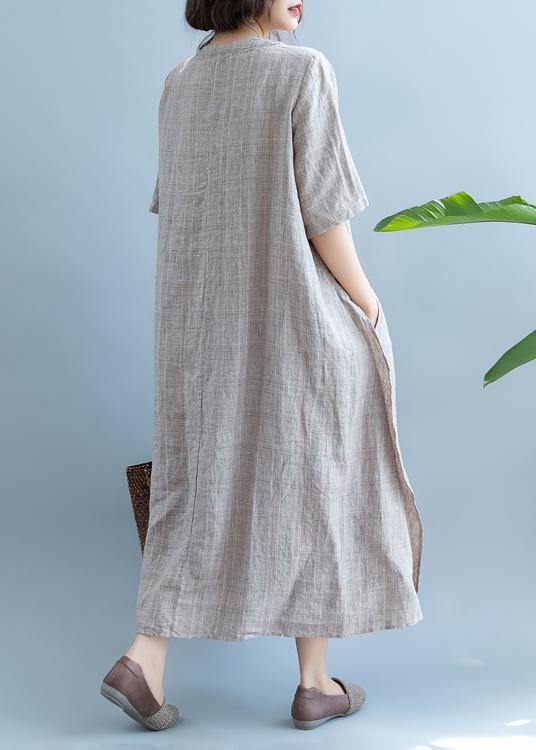 French Khaki linen Dress V Neck  Robe Summer  Dresses - bagstylebliss