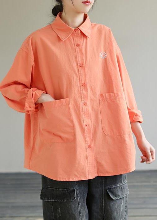 French Lapel Pockets Spring Clothes For Women Photography Orange Smiling Face Shirts - bagstylebliss