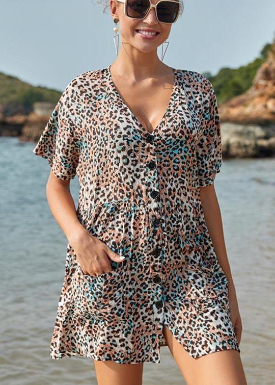 French Leopard Button Pockets Vacation Summer Cotton Dress - bagstylebliss