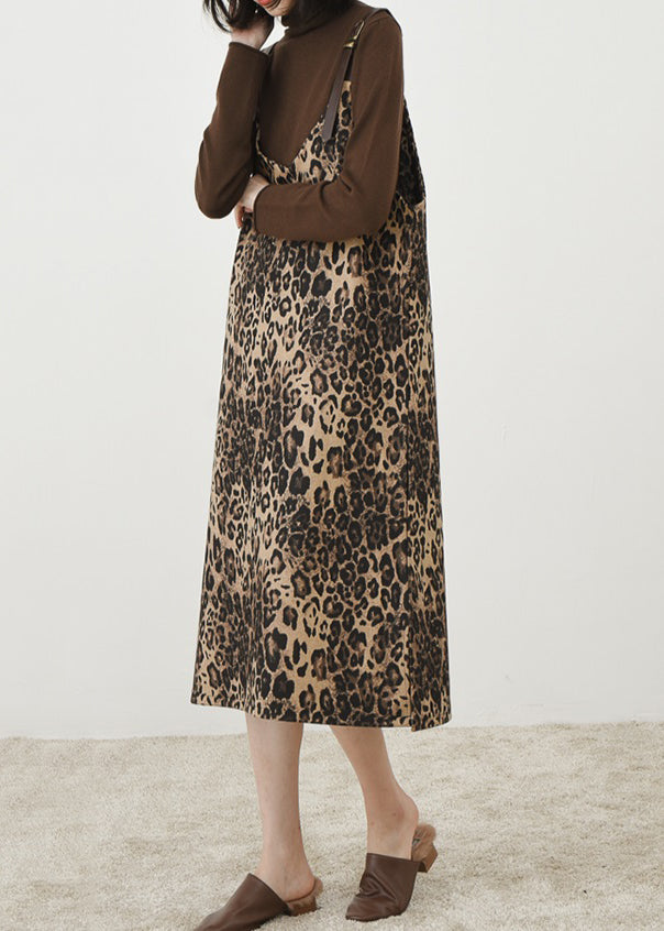 French Leopard Print V Neck Patchwork Cotton Long Dress Sleeveless