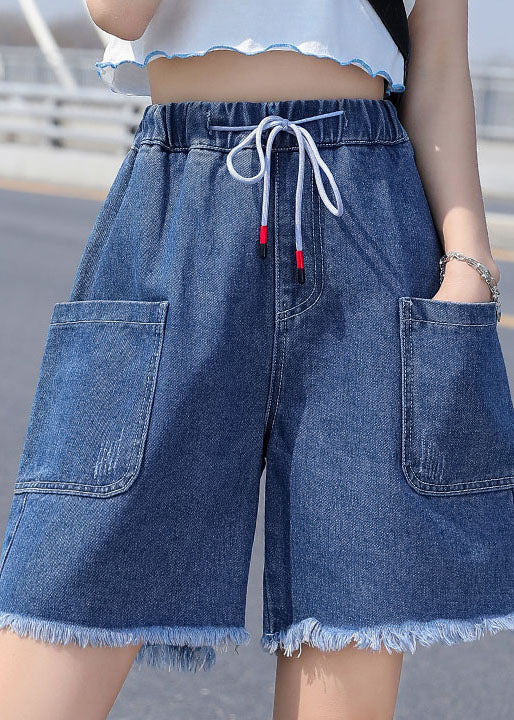 French Light Blue Elastic Waist Drawstring Pockets Cotton Denim Short Pants Summer