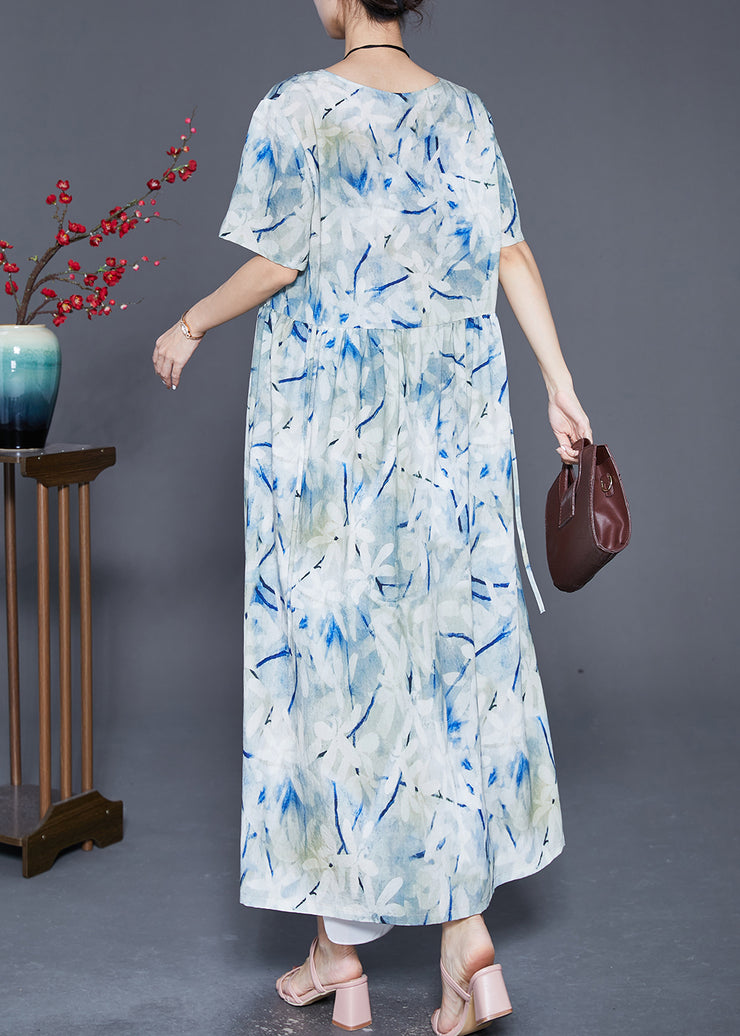 French Light Blue Oversized Print Linen Beach Dress Summer