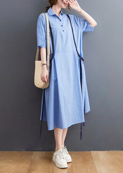 French Light Blue Peter Pan Collar Button Shirt Dresses Short Sleeve