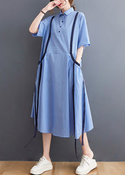 French Light Blue Peter Pan Collar Button Shirt Dresses Short Sleeve