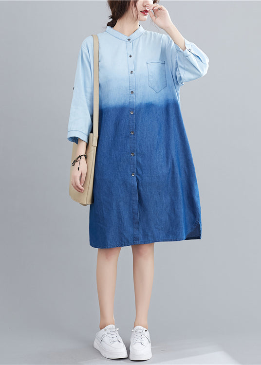 French Light Blue Stand Collar Gradient Color Denim Dress Fall