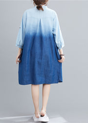 French Light Blue Stand Collar Gradient Color Denim Dress Fall