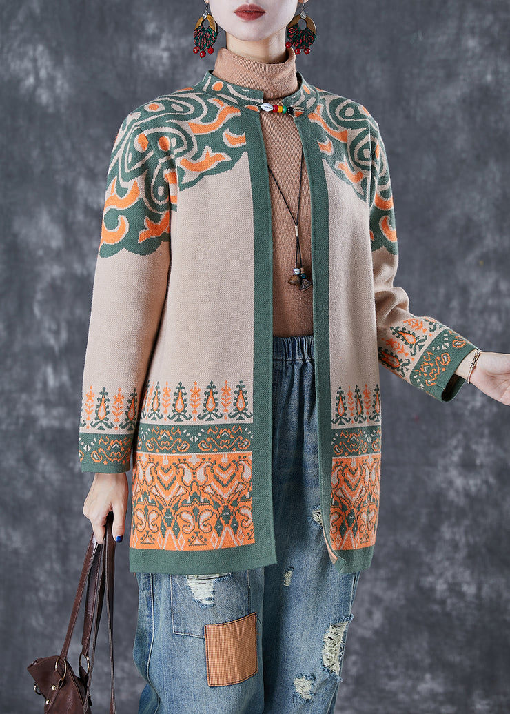 French Light Camel Oversized Print Cotton Cardigan Fall