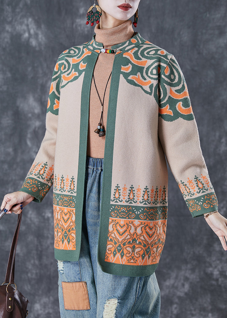 French Light Camel Oversized Print Cotton Cardigan Fall