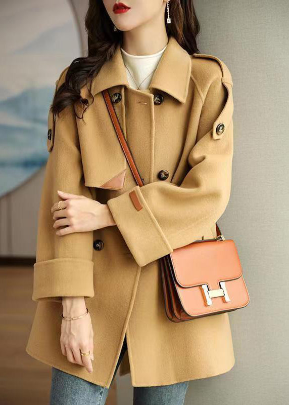 French Light Camel Peter Pan Collar Double Breast Woolen Coats Fall