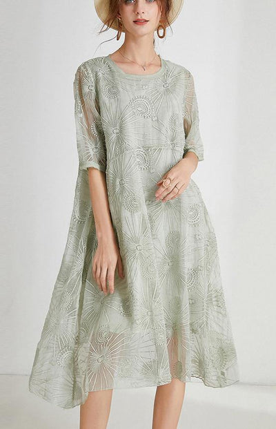 French Light Green Embroidery Chiffon Short Sleeve Summer Maxi Dresses - bagstylebliss