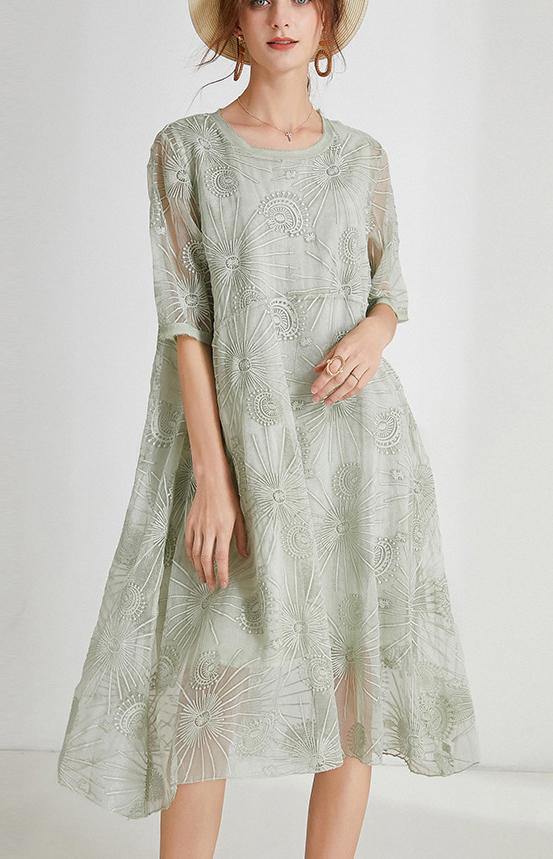 French Light Green Embroidery Chiffon Short Sleeve Summer Maxi Dresses - bagstylebliss