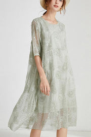 French Light Green Embroidery Chiffon Short Sleeve Summer Maxi Dresses - bagstylebliss