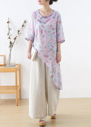 French Light Purple Print Oriental asymmetrical design Top Ramie Short Sleeve - bagstylebliss