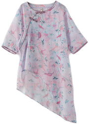 French Light Purple Print Oriental asymmetrical design Top Ramie Short Sleeve - bagstylebliss