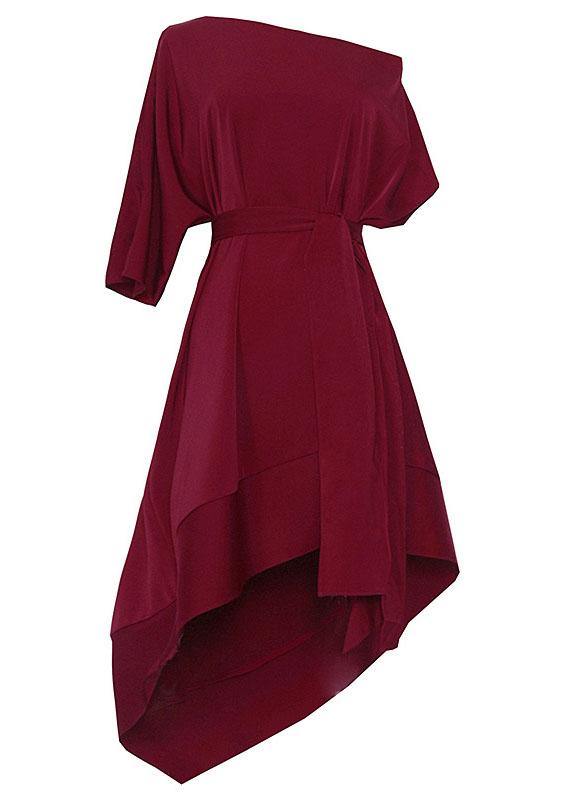 French Mulberry One Shoulder asymmetrical design tie waist Dresses Summer - bagstylebliss