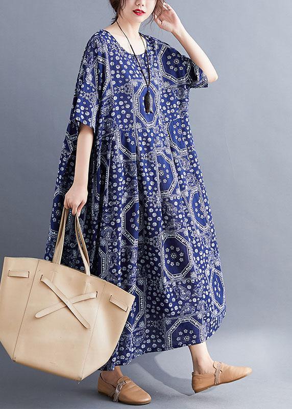 French Navy Exra Large Hem Print Dresses Cotton Linen Summer - bagstylebliss