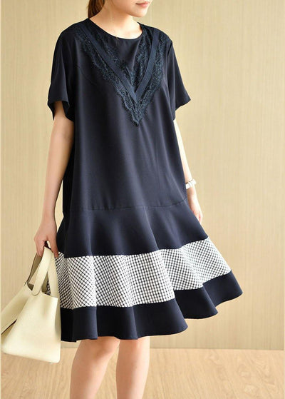 French Navy O-Neck Patchwork Plaid Summer Vacation Dresses Short Sleeve - bagstylebliss