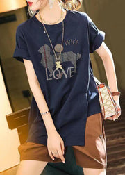 French Navy O Neck Zircon Patchwork Cotton T Shirt Summer