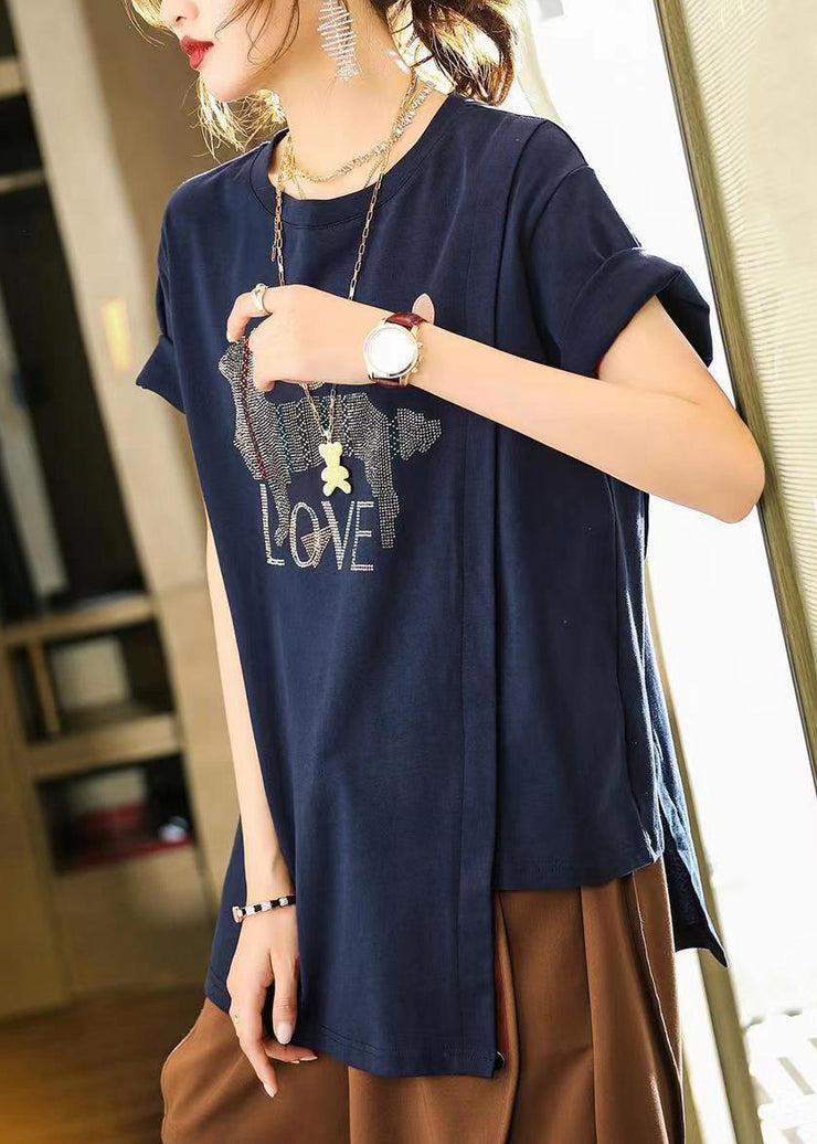 French Navy O Neck Zircon Patchwork Cotton T Shirt Summer