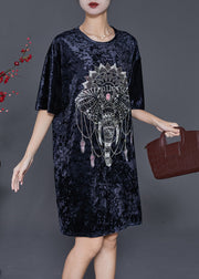 French Navy Oversized Elephant Silk Velour Dress Half Sleeve